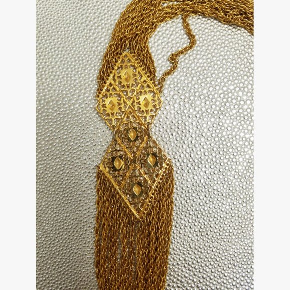 Vtg 70s Gold Chain Fringe Pendant Necklace - Picture 7 of 7